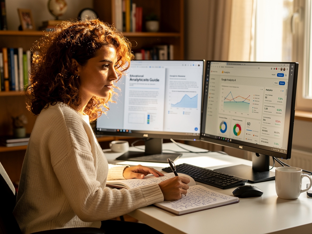 Persona aprendiendo analítica web siguiendo una guía educativa en su ordenador de sobremesa